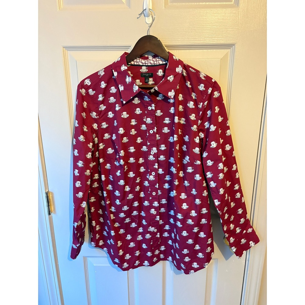 Talbots Plus Womens 1X Burgundy Red Teacup Print Cotton Button Down Shirt Blouse